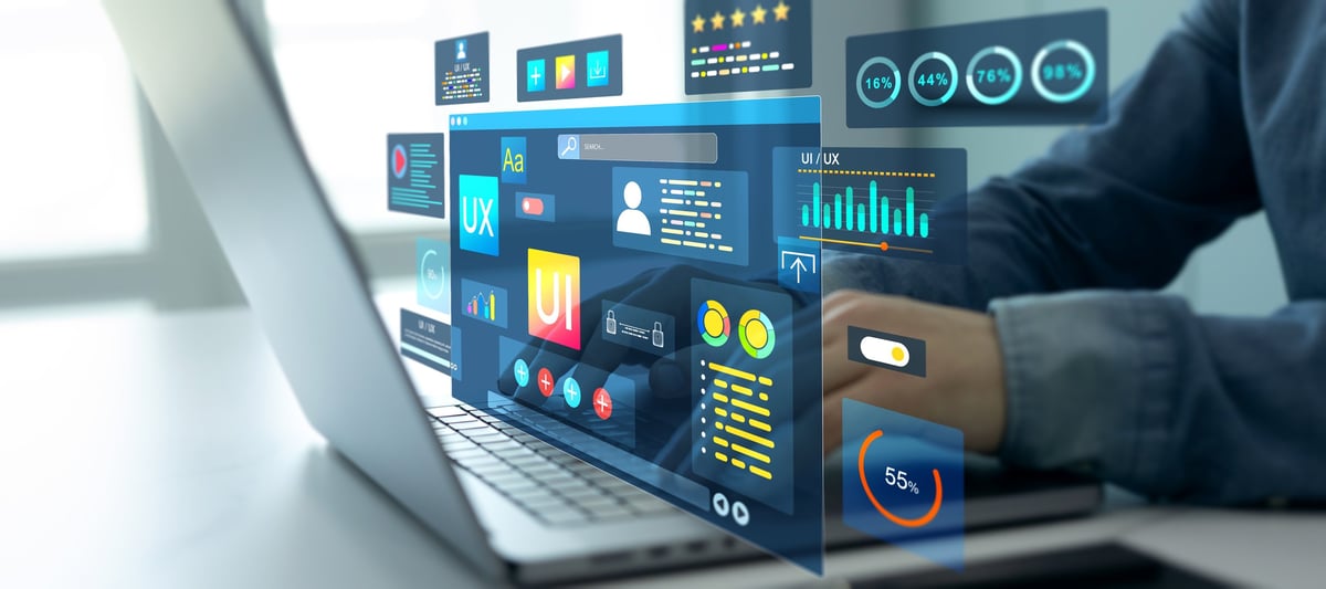 Holographic UIUX, display icons of UX-UI designer, creative planning, data visualization. Web design, application design, coding develop. UX-UI design web and user design development.